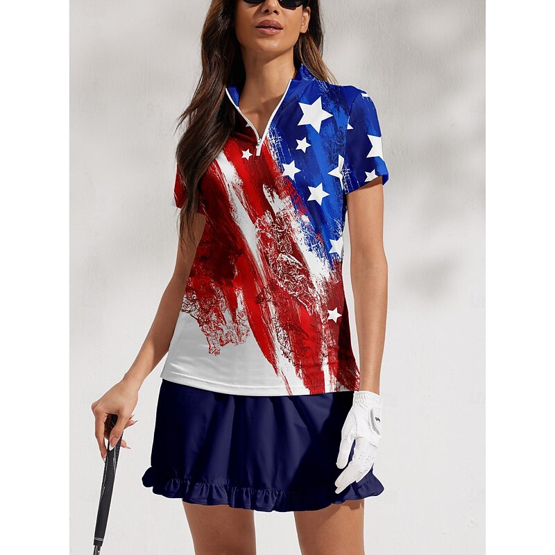 Women's Golf Polo Shirt Red Short Sleeve Top Ladies Golf Attire Clothes Outfits Wear Apparel American Flag Golf Shirt4