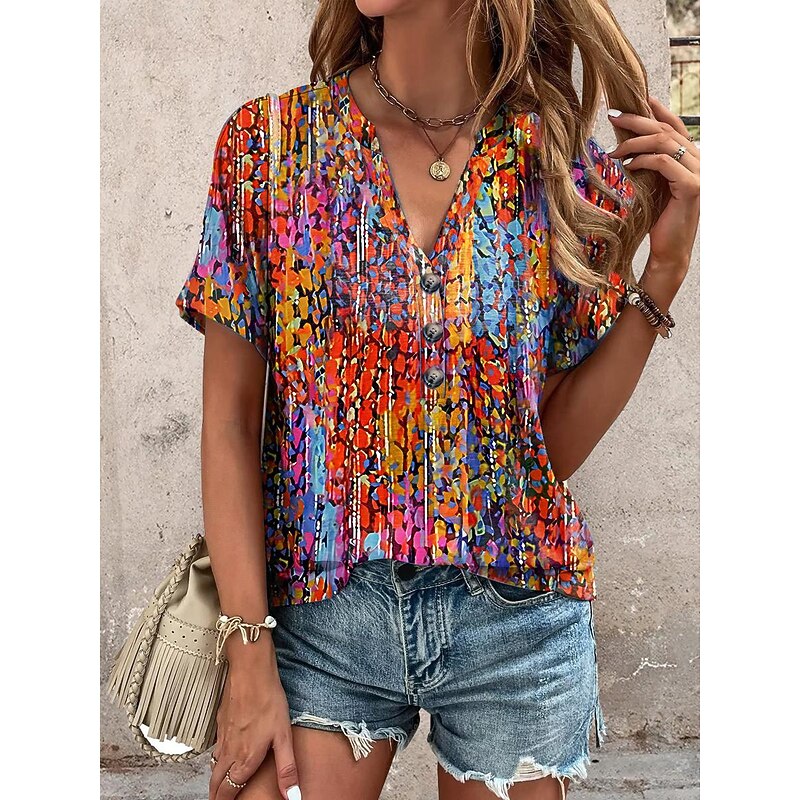 Women's Tunic T Shirt Graphic Vintage Short Sleeve V Neck Regular Tops Daily Print Pink Blue Green Summer4