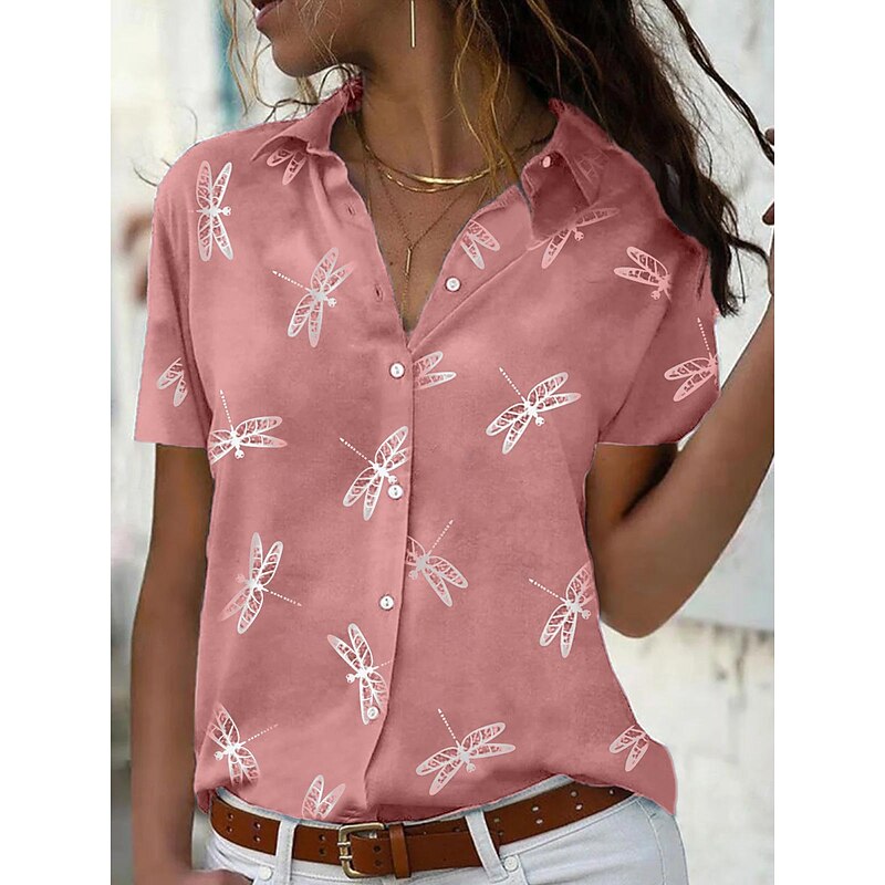 Women's Casual Shirt Short Sleeve Dragonfly Print Lapel Collar Button-Up Dusty Pink Relaxed Fit Spring Summer Fashion Top Everyday Wear Sizes S-XL