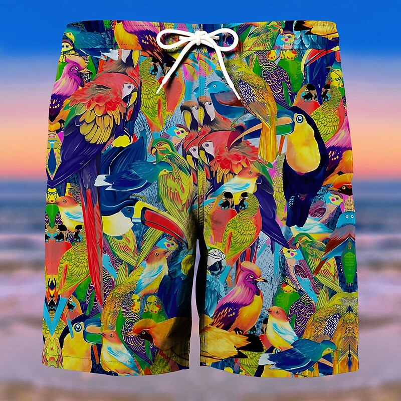 Men's Tree Parrot Flower / Plants Swimming Trunks Board Shorts Shorts Mid Waist Fashion Streetwear Designer Casual Daily Holiday Pocket Drawstring Elastic Waist Designer Clothing Apparel