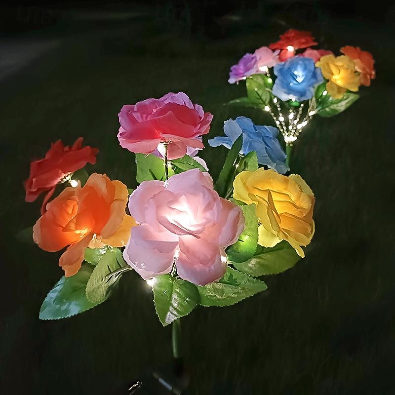 LED Solar Light 7 Heads Solar Simulation Valentines Rose Flower Light Waterproof Garden Light 42LEDs Simulation Flower Outdoor Courtyard Light Villa Yard Park Lawn Walkway Landscape Decoration 1/2pcs2