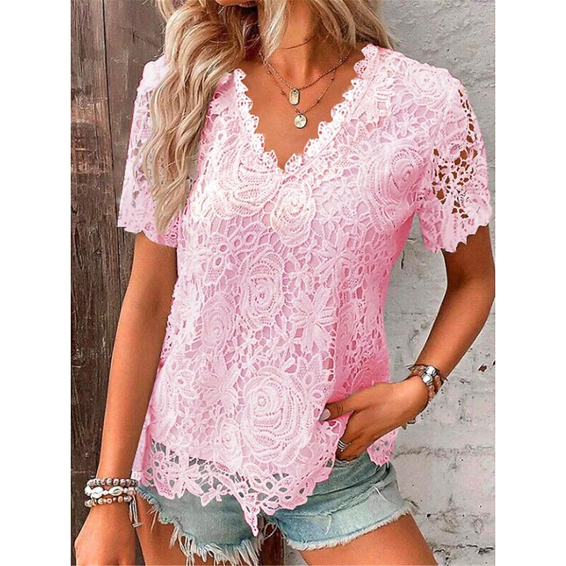 Women's Lace Blouse V-Neck Floral Short Sleeve White Elegant Romantic Semi-Translucent Breathable Top Spring Summer Casual Event Fashion Clothing Apparel 5