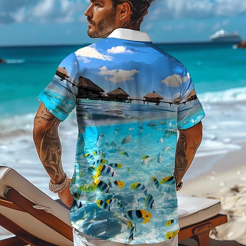 Men's Seascape Pattern Shirt Summer Hawaiian Shirt Aloha Shirt Short Sleeve Shirt Turndown Hawaiian Resort Casual Hawaiian Holiday Violet Orange Dark Blue S M L2