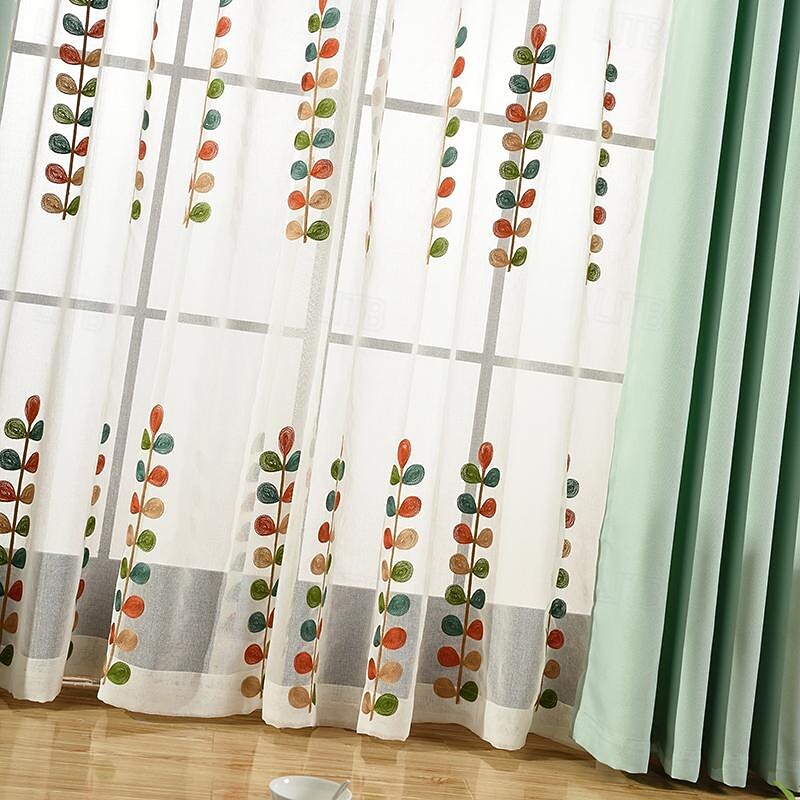 One Panel Rural Style Clover Embroidered Gauze Curtain Living Room Bedroom Dining Room Semi Transparent Window Screen2