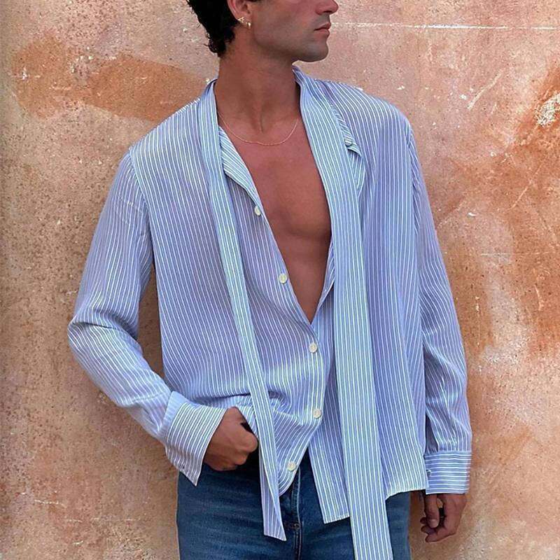 Men's Shirt Summer Shirt Casual Shirt Beach Shirt Button Up Shirt Light Blue Long Sleeve Stripes Lapel Vacation Hawaiian Button-Down Clothing Apparel Polyester Fashion Casual Comfortable4