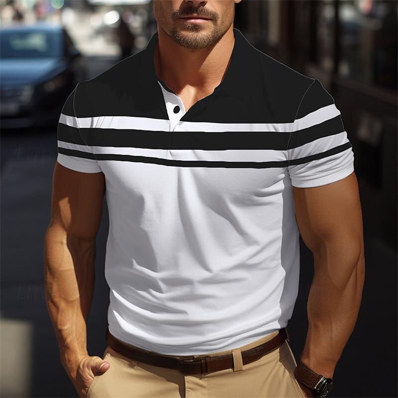 Men's Golf Shirt Golf Polo Work Casual Lapel Short Sleeve Basic Modern Color Block Stripes Button Spring & Summer Regular Fit Black Navy Blue Brown Green Light Blue Grey Golf Shirt2
