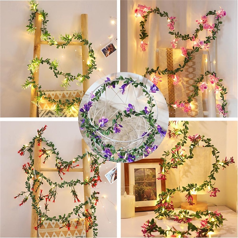 LED Flower Lights Green Ivy Leaves Fairy String Lights 2M 20LEDs Battery Operated Artificial Garland Plant Vine Fairy Light For Bedroom Wedding Party Holiday Patio
