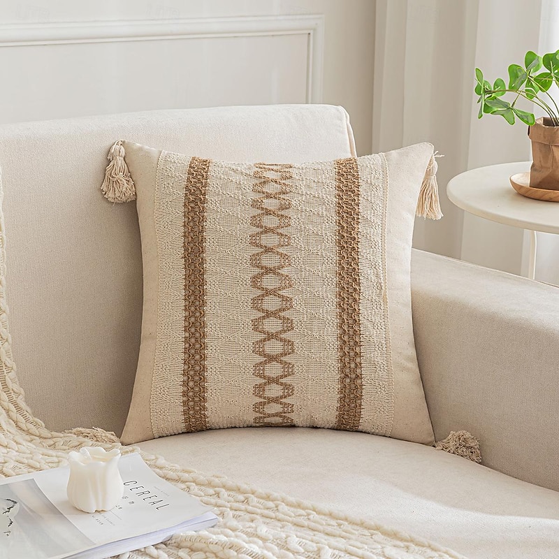 Throw Pillow Covers with Tassels for Farmhouse Living Room, Cotton & Burlap Textured Striped Woven Boho Pillow Covers (Beige & Brown, Single Striped)2