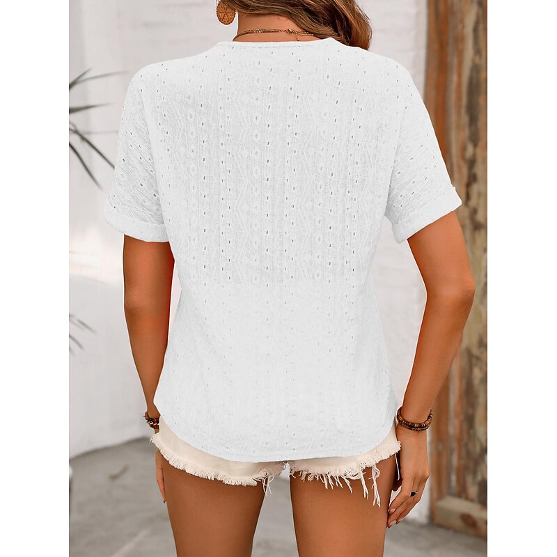 Women's White Elegant Lace Tops Eyelet Blouse Fashion Plain Regular Tops Short Sleeve V Neck Lace Regular Fit Vacation Daily Romantic Petite Tops Summer Holiday Wear Black White Orange Summer2
