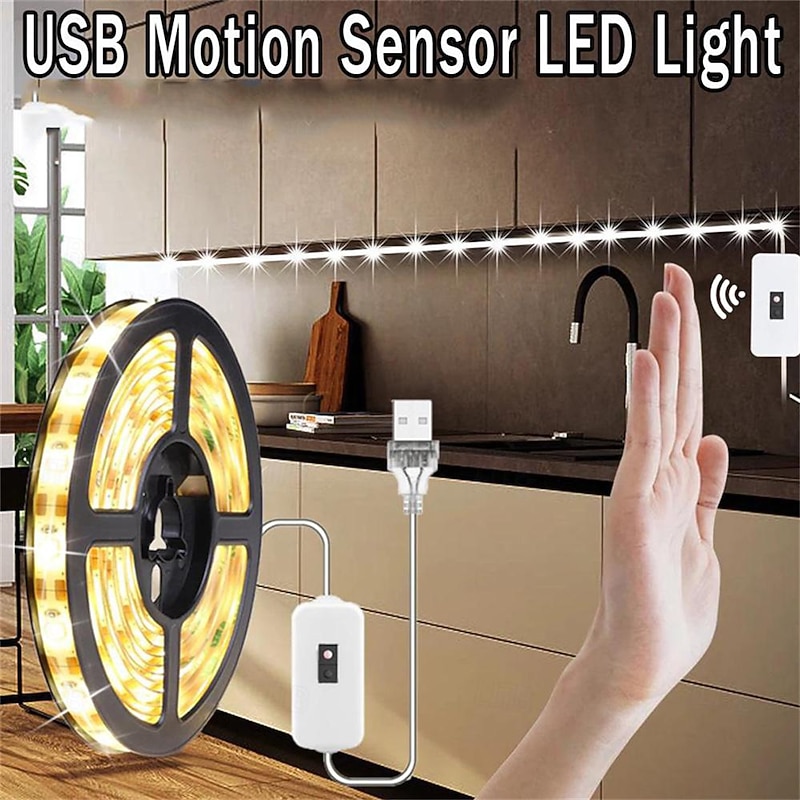 USB Led Light Strip with Sensor DC 5V Motion Sensor with Hand LED Strip Tape USB LED Strip Lamp for Bedroom Home Kitchen Wardrobe Decor