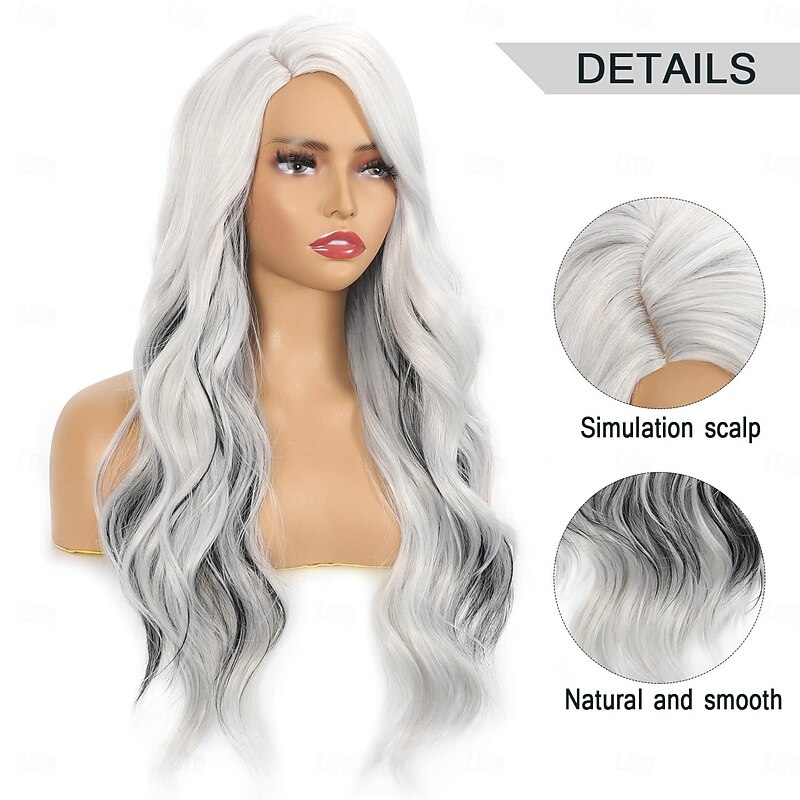 Long Ombre White Wigs for Black Women 26 28 Inch Long Wavy Wig with Bangs for Women Big Bouncy Fluffy Synthetic Fiber Glueless Hair for Cosplay and Daily Use Blue Wine Red Purple White3