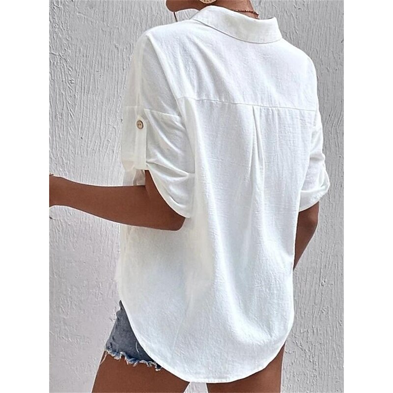 Women's Shirt Cotton Linen Shirts Button Up Blouse Plain Fashion Shirt Collar Street Daily Buttons Pocket Black White Gray Summer2