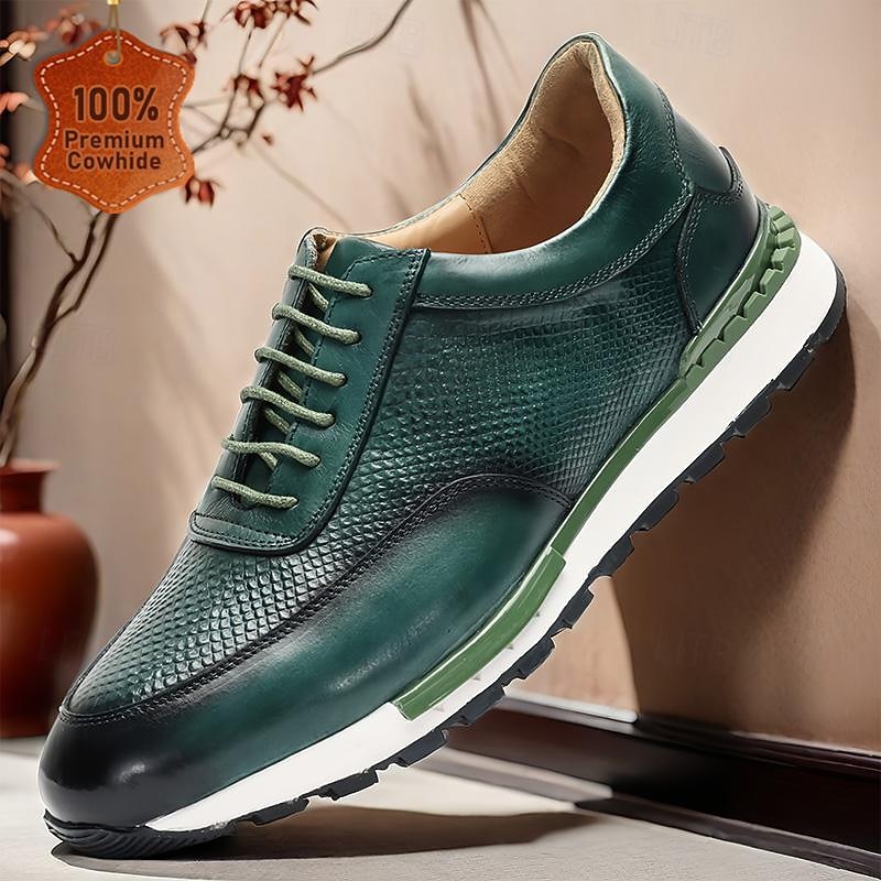 Men's Dress Sneakers Leather Italian Full-Grain Cowhide Slip Resistant Lace-up Dark Green