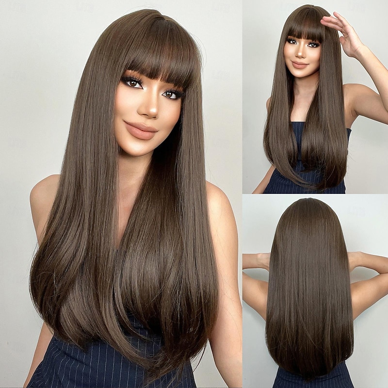 Synthetic Wig Uniforms Career Costumes Princess Straight kinky Straight Layered Haircut With Bangs Machine Made Wig 26 inch Dark Brown Synthetic Hair Women's Cosplay Party Fashion Brown