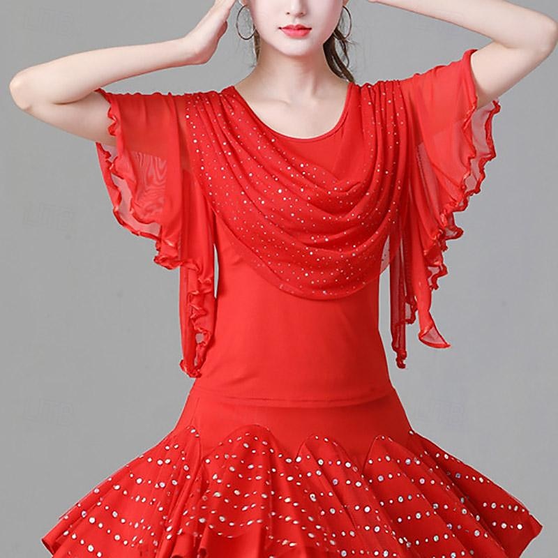 Latin Dance Ballroom Dance Top Ruffles Pure Color Splicing Women's Performance Training Short Sleeve High Polyester