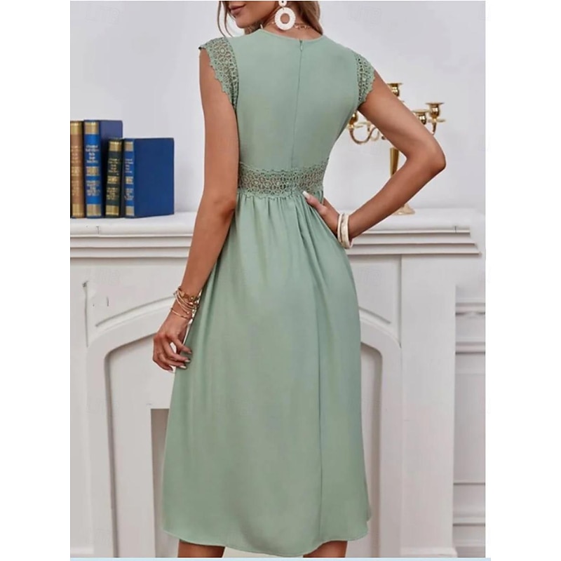 Women's A Line Dress Plain Dress Midi Dress Zipper Eyelet Elegant Hawaiian V Neck Short Sleeve Green Color2