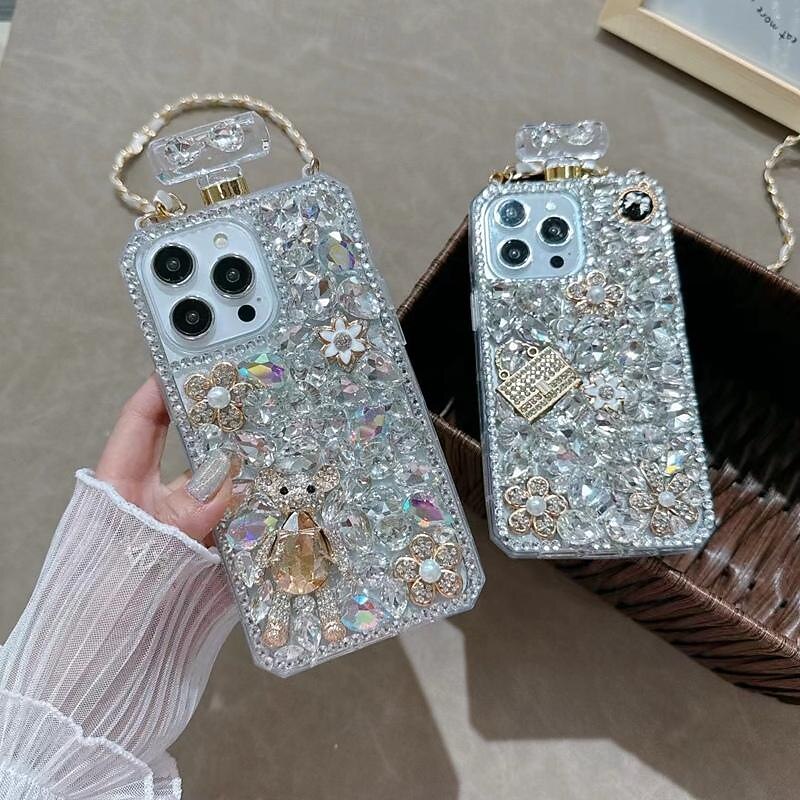 Phone Case For iPhone 16 15 14 Pro Max Plus 13 12 11 Pro Max Mini Back Cover with Lanyard Non-Yellowing Bling Glitter Shiny Flower Floral TPU Rhinestone4