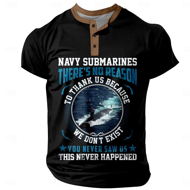 NAVY SUBMARINES Men's Casual 3D Print Henley Shirt Graphic Letter Henley Clothing Apparel  Daily Short Sleeve Print Button-Down Fashion Designer Comfortable