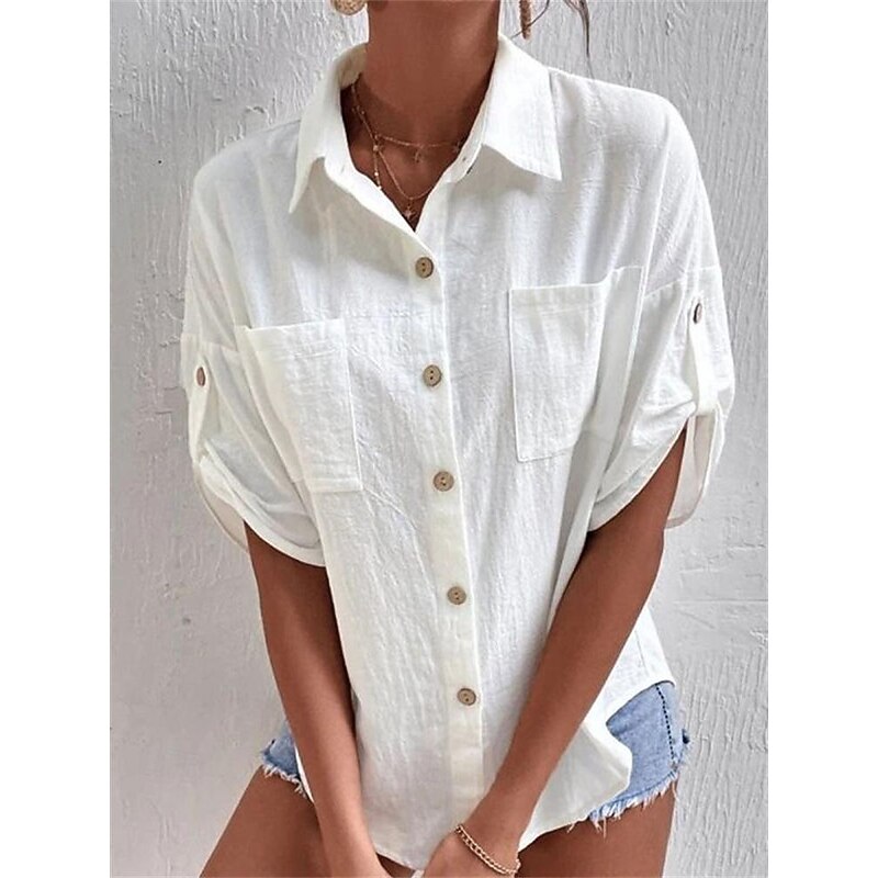 Women's Shirt Cotton Linen Shirts Button Up Blouse Plain Fashion Shirt Collar Street Daily Buttons Pocket Black White Gray Summer