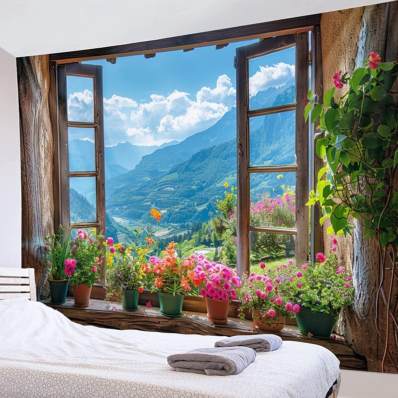 Window Mountain View Hanging Tapestry Wall Art Large Tapestry Mural Decor Photograph Backdrop Blanket Curtain Home Bedroom Living Room Decoration Cottagecore4