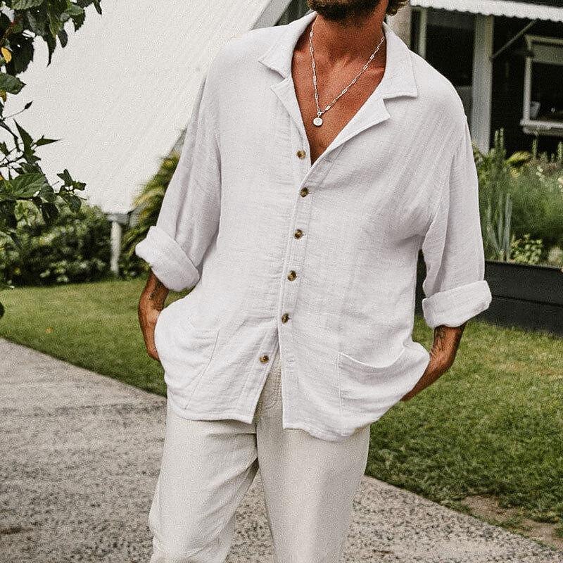 Men's Shirt Linen Shirt White Cotton Shirt Casual Shirt Cotton Linen Shirt Cotton Shirt Plain Vacation Hawaiian White Apricot Long Sleeve Camp Collar Spring &  Fall Clothing Apparel Button-Down