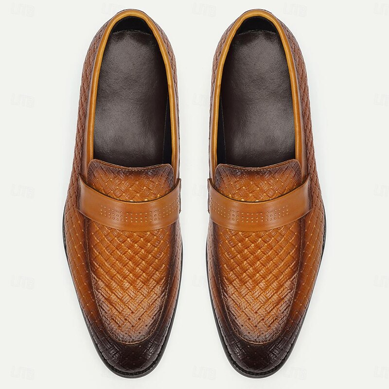 Elegant Men's Woven Leather Loafers with Contrast Strap - Sleek Dress Shoes for Formal Occasions4