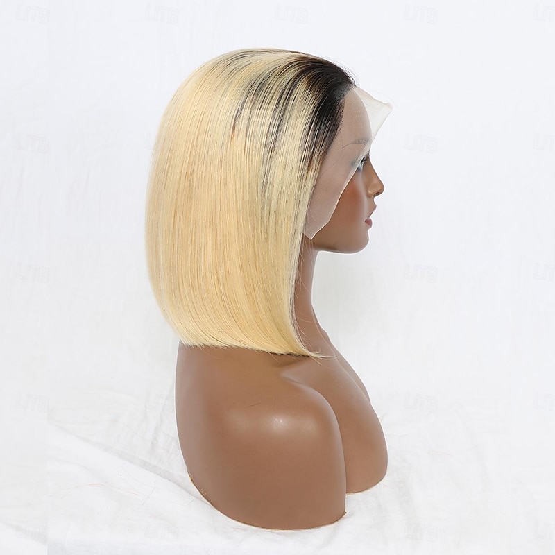 Ombre Blonde HD Lace Wigs Brazilian Virgin Human Hair #1B/613 Dark Roots Bob Wig Straight 10-12Inch 180% Density Remy Hair Pre Plucked Bleached Knots 13x4 Transparent Frontal Bob Wigs for Women3