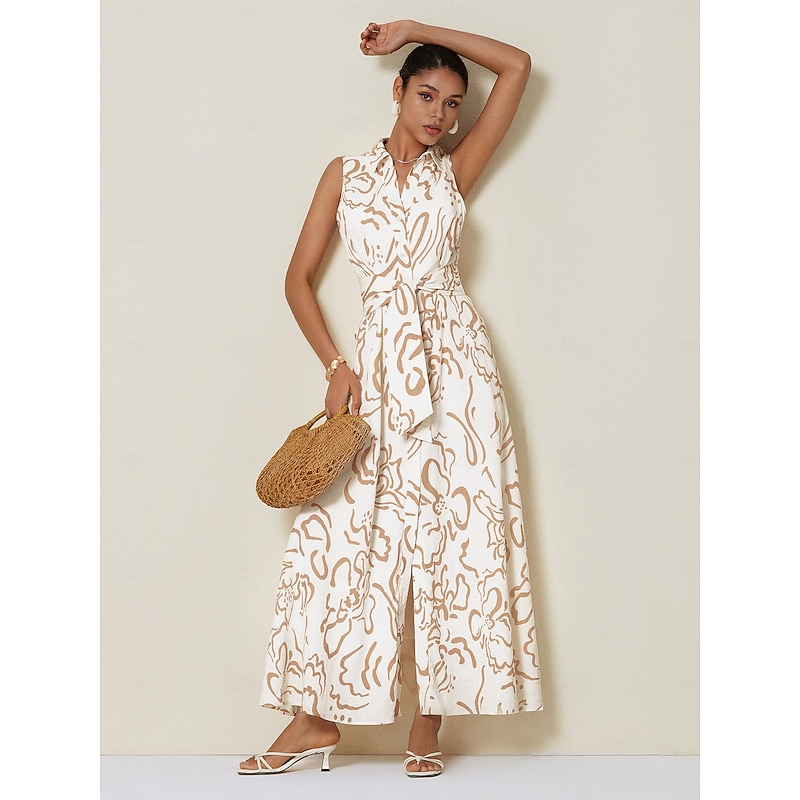 Women's Sleeveless Maxi Shirt Dress Summer A Line Shirt Collar With Belt Curve Pocket Linen Look Fabric Waist Slim Fit Blue Green Beige