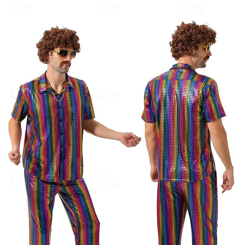 Disco 1980s Pants Outfits Shirt Disco Fancy Dress Men's Carnival Costume Halloween Carnival Masquerade Performance Party Club Adults' Top Pants2