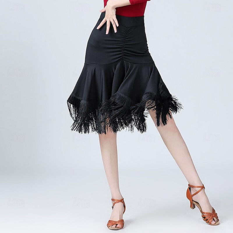 Latin Dance Ballroom Dance Skirts Tassel Pure Color Splicing Women's Performance Training High Elastane2