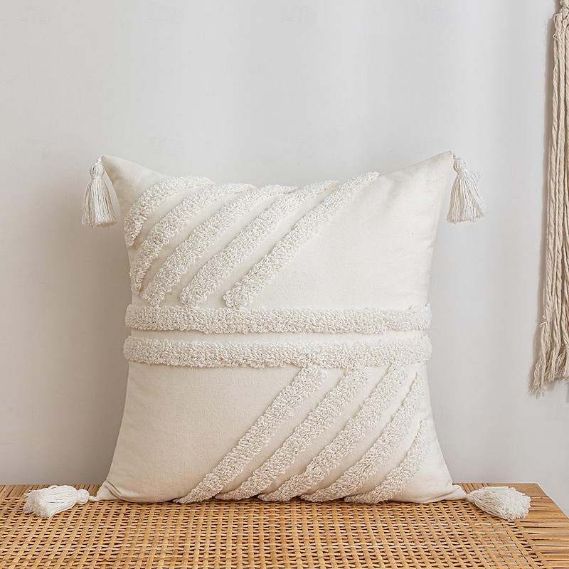 Boho Tufted Decorative Toss Pillow Cover White Stripe Cotton Beige Tassel for Home Bedroom Livingroom
