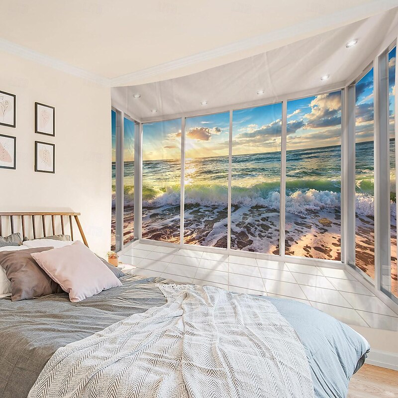 Window View Landscape Hanging Tapestry Wall Art Large Tapestry Mural Decor Photograph Backdrop Blanket Curtain Home Bedroom Living Room Decoration3