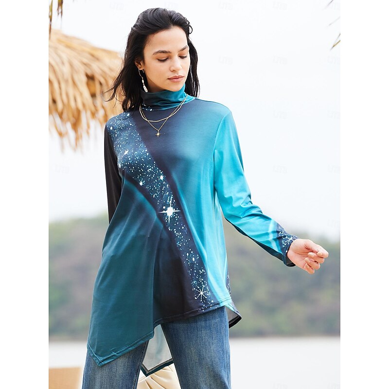 Women's T Shirt Daily Basic Print Long Sleeve Long Tops Turtleneck High Neck Casual Black Red Blue Purple Green Fall & Winter2