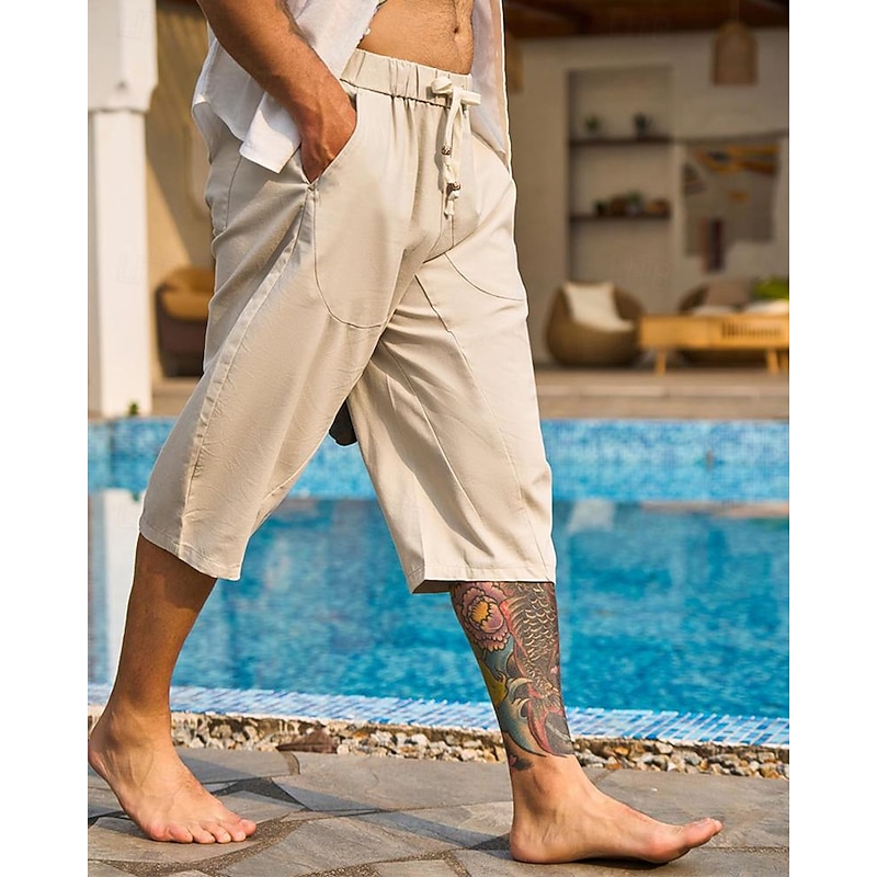 Men's Capri Pants Linen Shorts Summer Shorts Beach Shorts Harem Pants Pocket Drawstring Elastic Waist Plain Comfort Breathable Calf-Length Vacation Holiday Beach Hawaiian Boho Black White