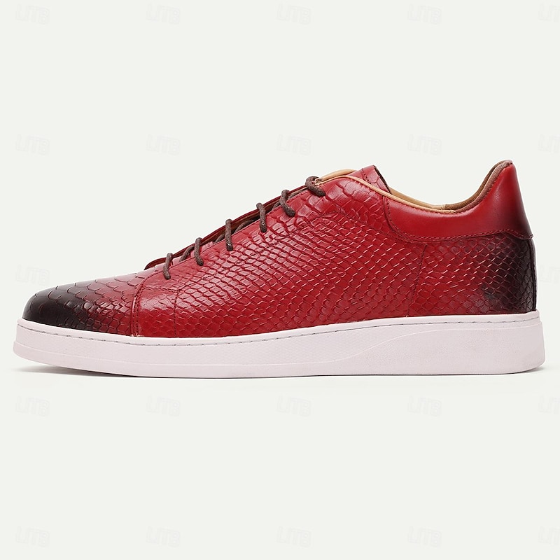 Men's Dress Sneakers Leather Italian Full-Grain Cowhide Slip Resistant Lace-up Black Red3