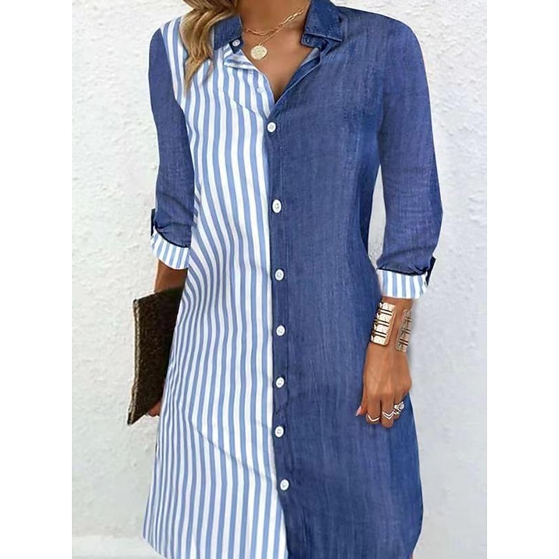 Women's Shirt Blouse Casual Color Block Striped Buttons Print Long Sleeve Long Tops Shirt Collar Vacation Daily Blue Spring & Summer