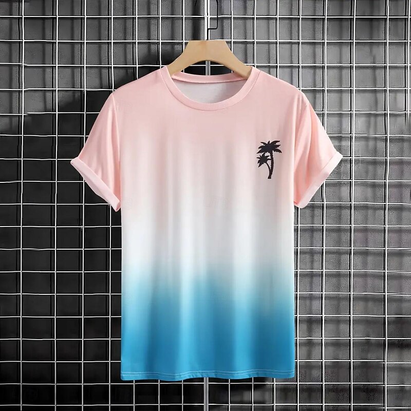 Men's Gradient Coconut Tree T Shirt Short Sleeve T shirt 3D Print Crew Neck Shirt Bohemia Fashion Outdoor Pink Summer Spring Clothing Apparel S M L XL XXL 3XL4