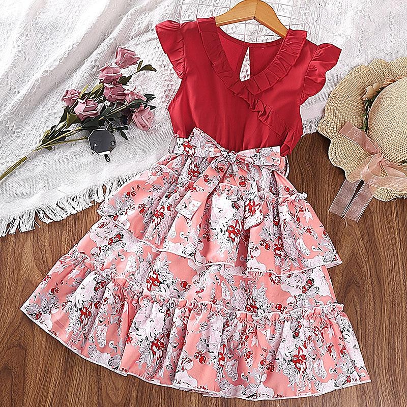 Kids Girls' Dress Flower Sleeveless Outdoor Casual Ruched Patchwork Fashion Adorable Polyester Knee-length Casual Dress A Line Dress Summer Spring 4 years+ Pink Red Blue