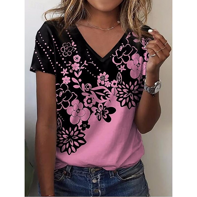 Women's T Shirt Floral Fashion Short Sleeve V Neck Regular Tops Vacation Weekend Print White Pink Blue Purple Green Summer