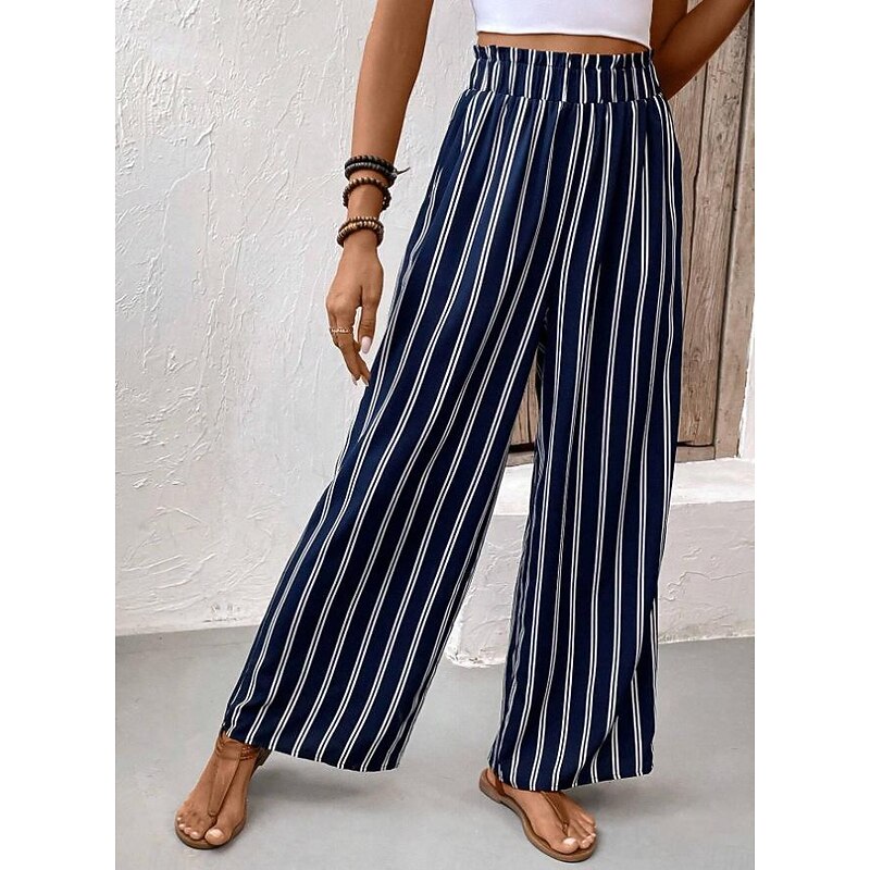 Women's Wide Leg Pants Trousers Casual Daily Long Striped Wide Leg Printing Breathability Comfortable Micro-elastic Office / Career Navy Blue Spring & Summer Regular Fit2