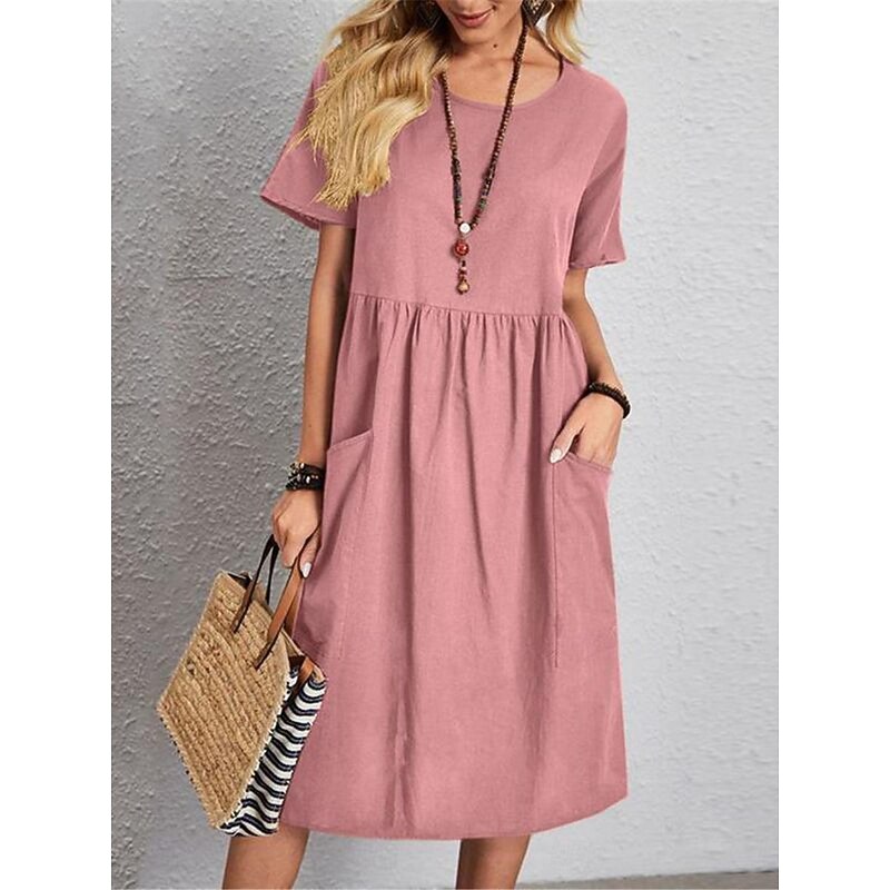 Women's Pink Navy Blue Brown Summer Spring Midi Dress Linen-Inspired Dresses Cotton Linen Dress A Line Dress Casual Daily Weekend Loose Fit Plain Crew Neck4