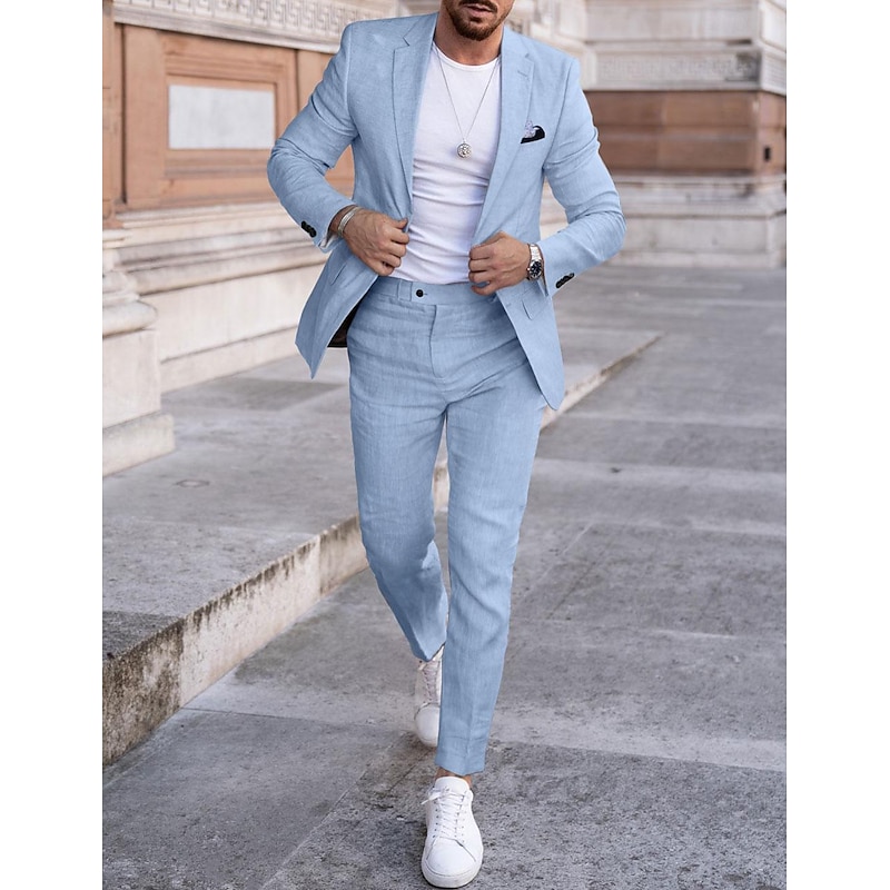 Men's Wedding Linen Suits Notch Sky Blue Light Grey Solid Colored Tailored Fit 2 Piece Single Breasted One-button