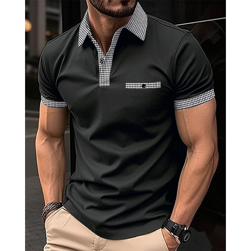 Men's Golf Shirt Golf Polos Shirts Work Casual Lapel Short Sleeve Basic Modern Color Block Houndstooth Patchwork Spring & Summer Regular Fit Black White Red Navy Blue Blue Beige Golf Shirt3