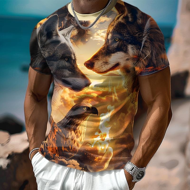 Men's Graphic Animal Wolf T Shirt Short Sleeve T shirt 3D Print Crew Neck Shirt Retro Vintage Casual Street Style Sports Outdoor Holiday Going out Orange Spring & Summer Clothing Apparel S M L XL 2XL