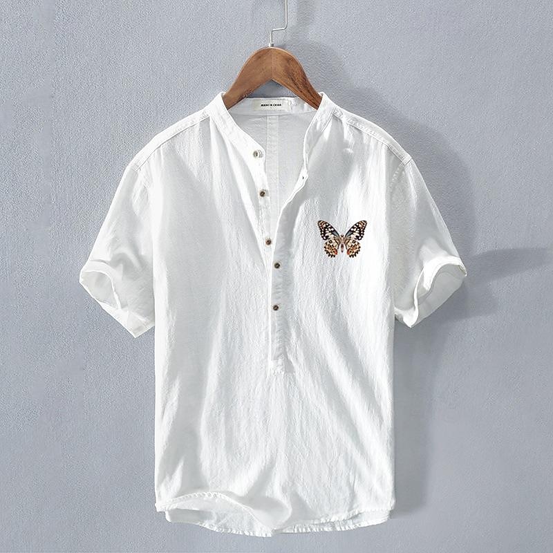 Men's Shirt Cotton Linen Shirt White Cotton Shirt Chinese Collar Shirt Mandarin Collar Shirt Casual Shirt Butterfly Vacation Casual White Navy Blue Gray Light Blue Short Sleeve Band Collar Summer