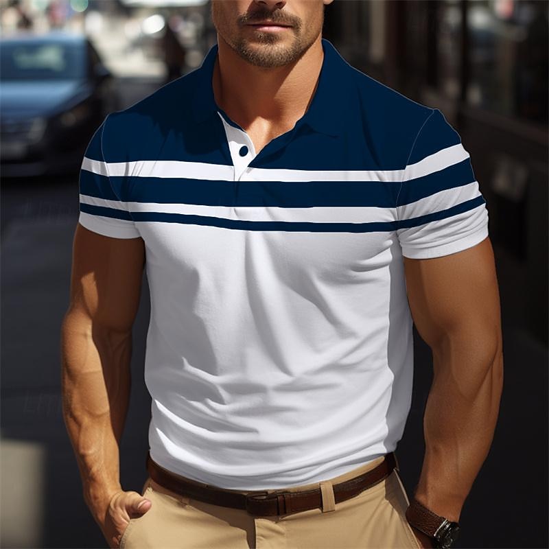 Men's Golf Shirt Golf Polo Work Casual Lapel Short Sleeve Basic Modern Color Block Stripes Button Spring & Summer Regular Fit Black Navy Blue Brown Green Light Blue Grey Golf Shirt
