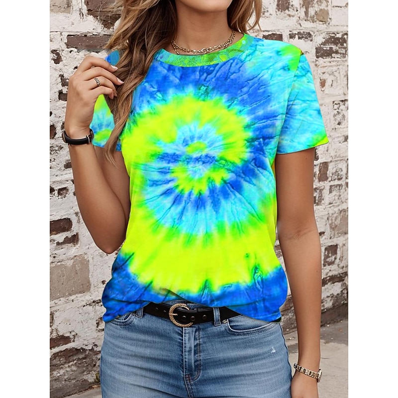 Women's T Shirt Tee Tie Dye Green Short Sleeve Crew Neck Vacation Stylish Summer