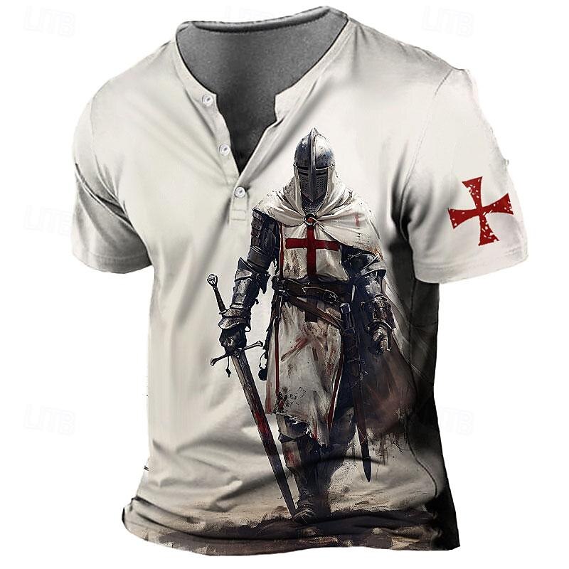Knights Templar St George Men's Vintage 3D Print T shirt Tee Henley Shirt Casual Daily T shirt White  Short Sleeve Henley Shirt Summer Clothing Apparel S M L XL XXL 3XL