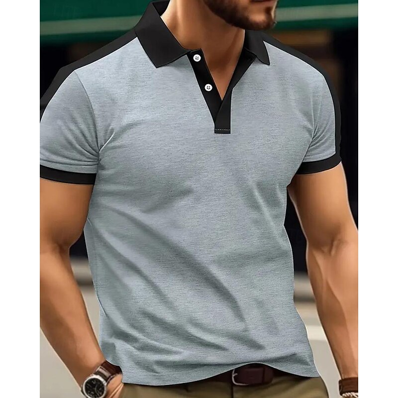 Men's Golf Shirt Golf Polo Work Casual Lapel Short Sleeve Basic Modern Color Block Patchwork Button Spring & Summer Regular Fit Wine Navy Blue sky blue Gold Beige Coffee Golf Shirt4