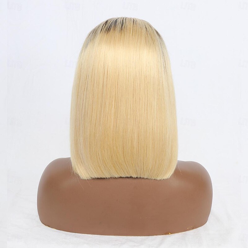 Ombre Blonde HD Lace Wigs Brazilian Virgin Human Hair #1B/613 Dark Roots Bob Wig Straight 10-12Inch 180% Density Remy Hair Pre Plucked Bleached Knots 13x4 Transparent Frontal Bob Wigs for Women4